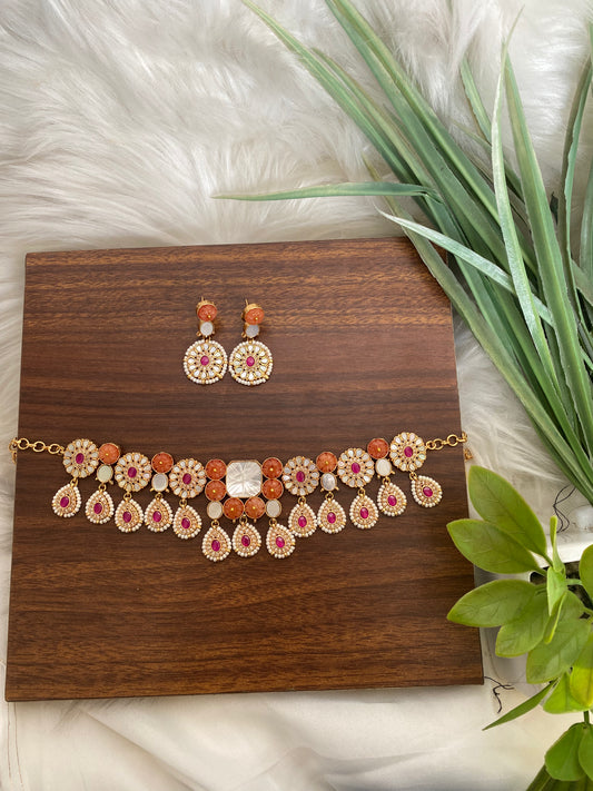 Handcrafted Necklace with Orange Stone & Pink Pearl Drops