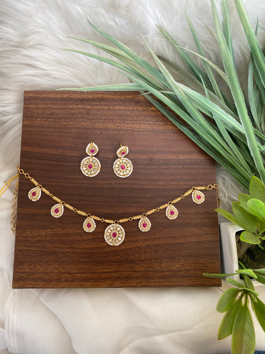 Mother of Pearl Necklace Set with Pink Stone