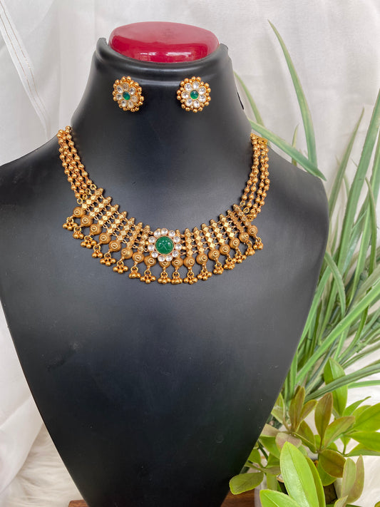 Golden Necklace Set With Green Stone