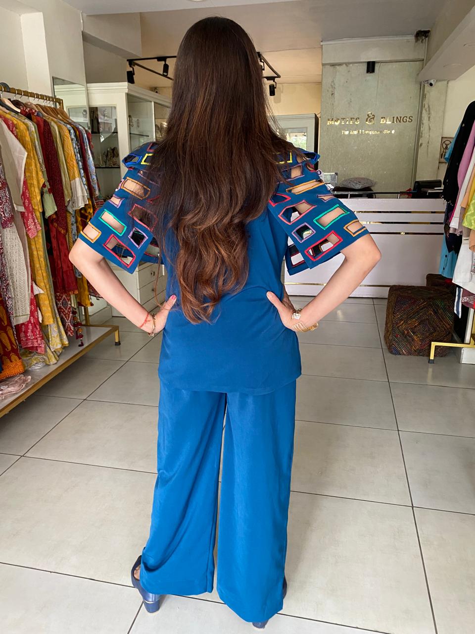 Teal Blue Power Co-Ord Set with Cut-Out Sleeve Detailing