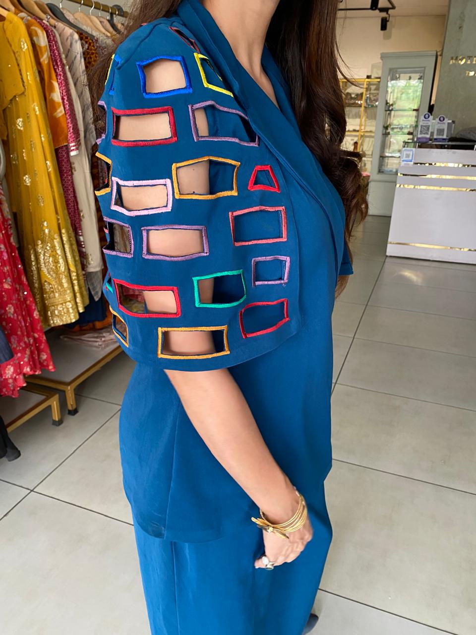 Teal Blue Power Co-Ord Set with Cut-Out Sleeve Detailing