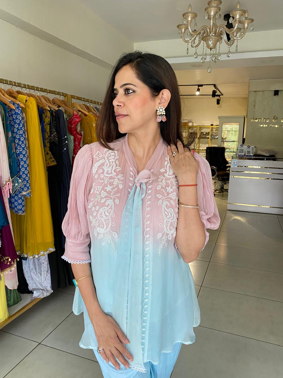 Pastel Pink & Blue Embroidered Layered Top with Pants Set