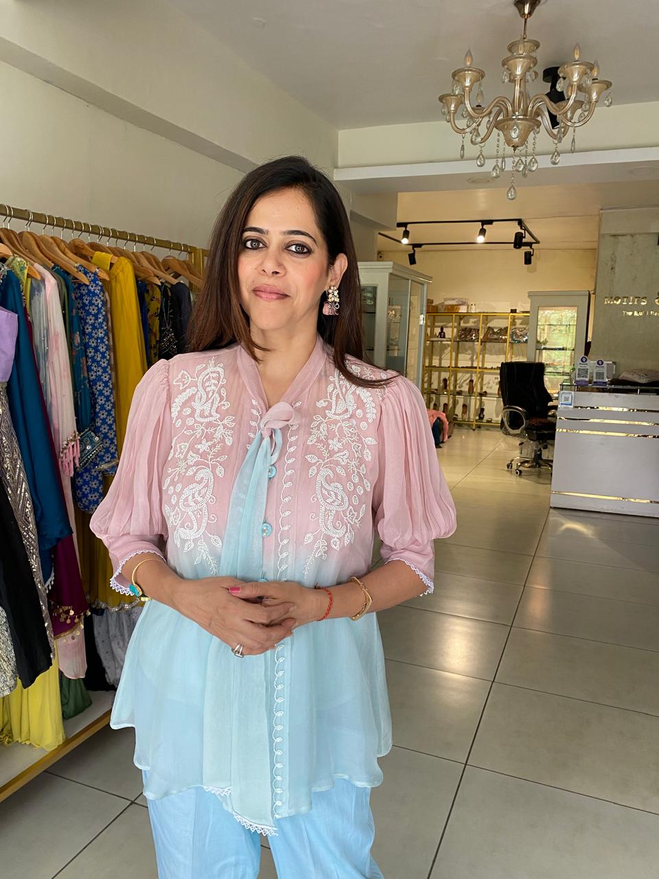 Pastel Pink & Blue Embroidered Layered Top with Pants Set