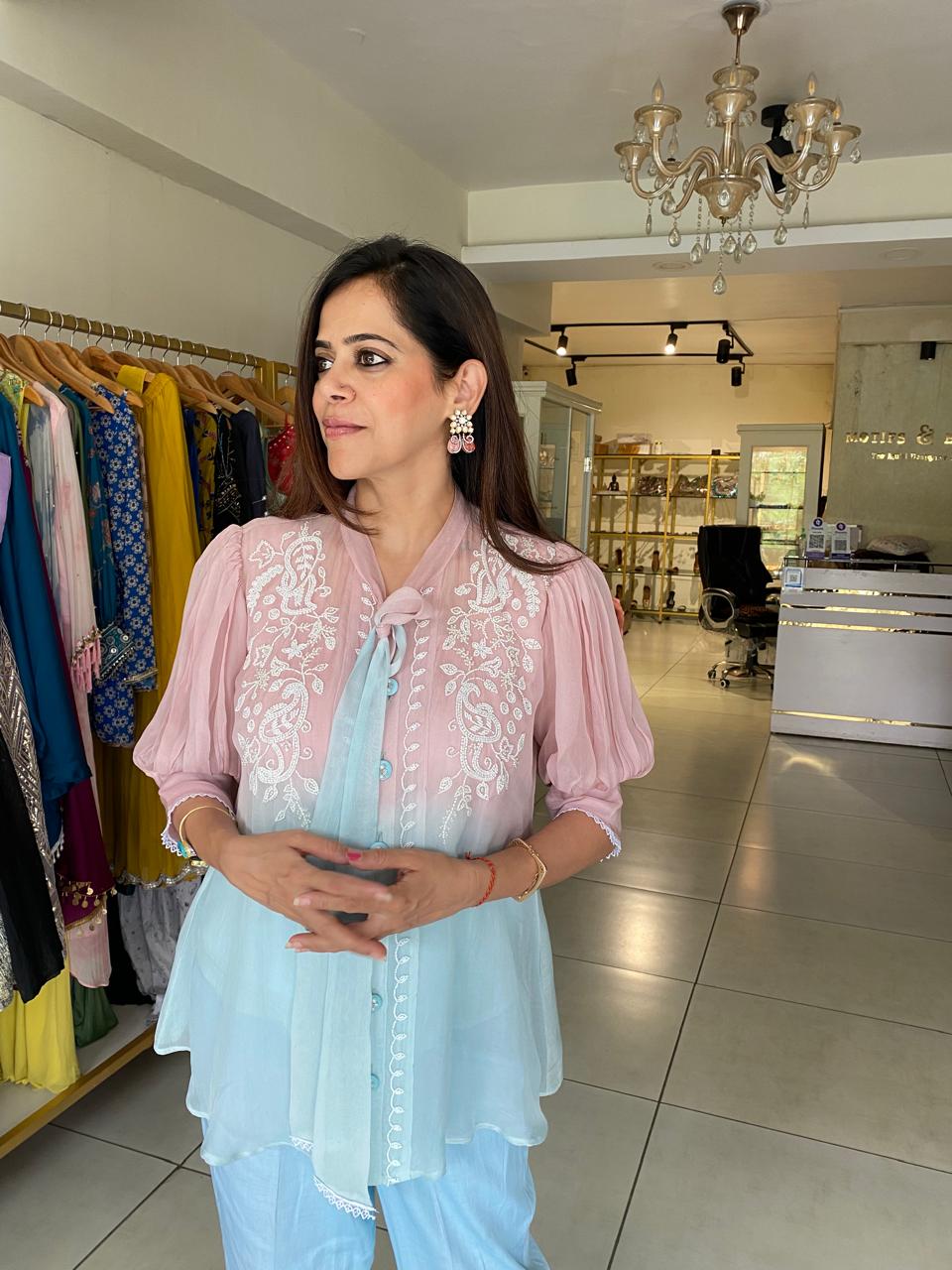 Pastel Pink & Blue Embroidered Layered Top with Pants Set