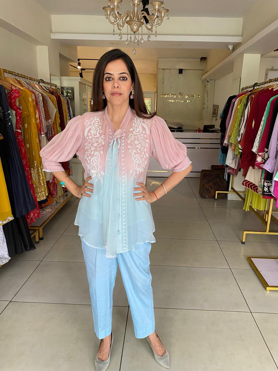 Pastel Pink & Blue Embroidered Layered Top with Pants Set