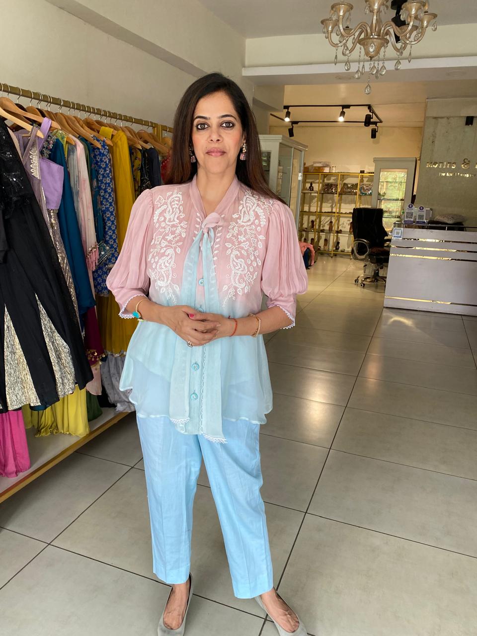 Pastel Pink & Blue Embroidered Layered Top with Pants Set