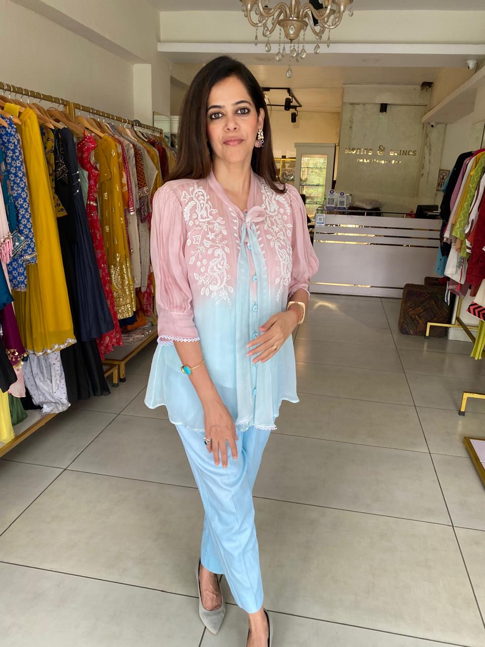 Pastel Pink & Blue Embroidered Layered Top with Pants Set