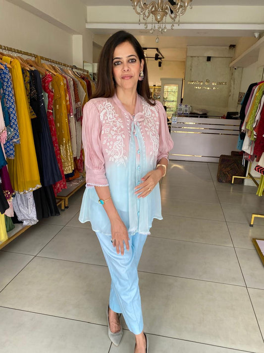 Pastel Pink & Blue Embroidered Layered Top with Pants Set