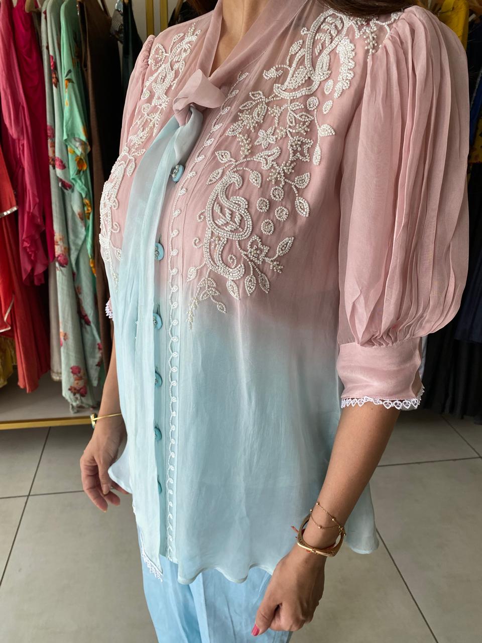 Pastel Pink & Blue Embroidered Layered Top with Pants Set