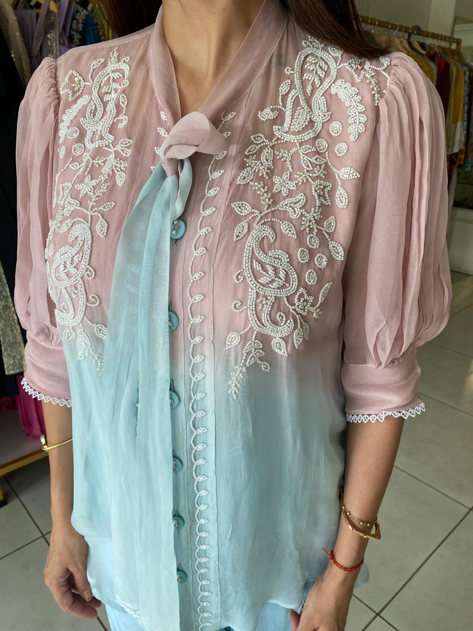 Pastel Pink & Blue Embroidered Layered Top with Pants Set