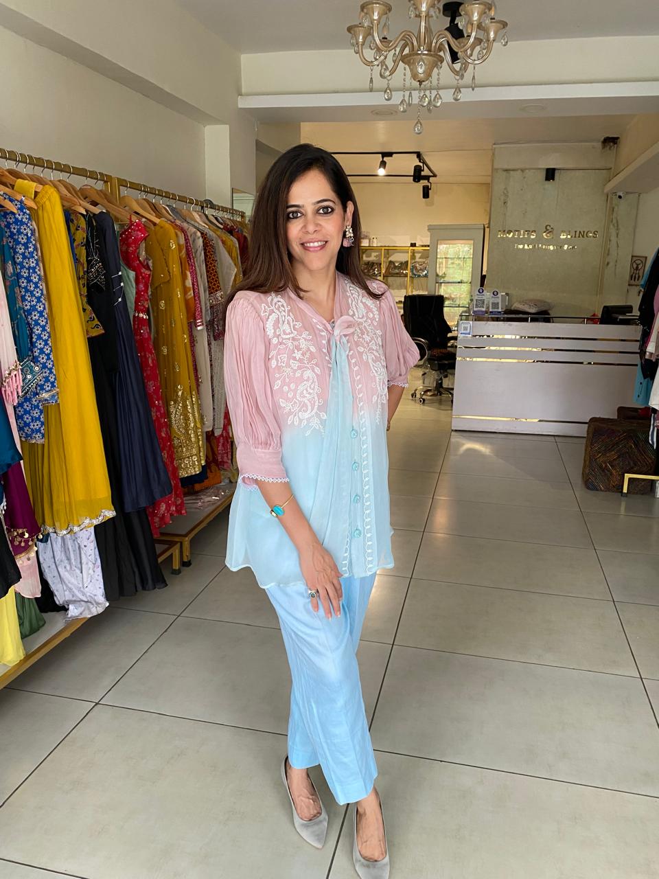 Pastel Pink & Blue Embroidered Layered Top with Pants Set